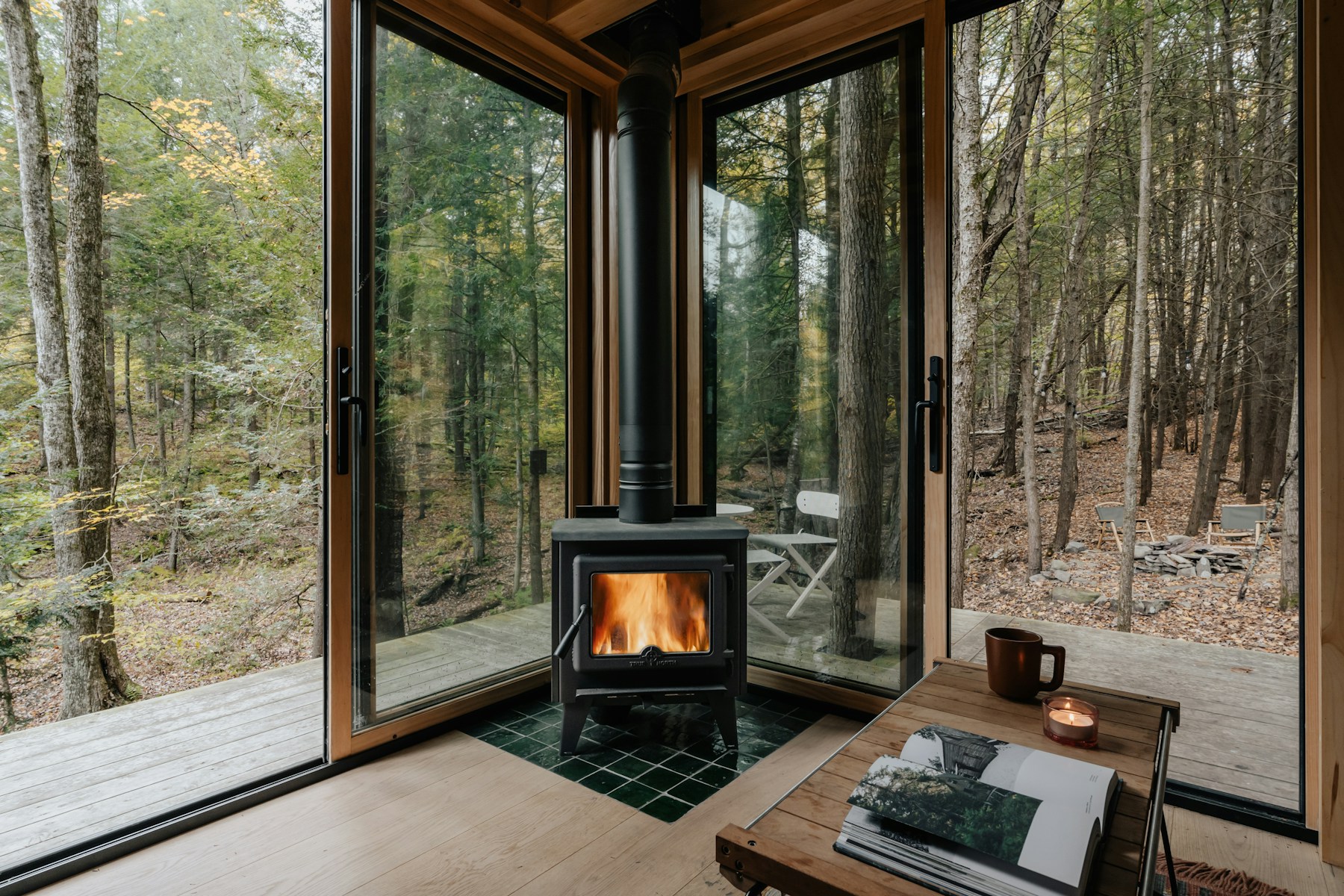 A real wood stove overlooking trees