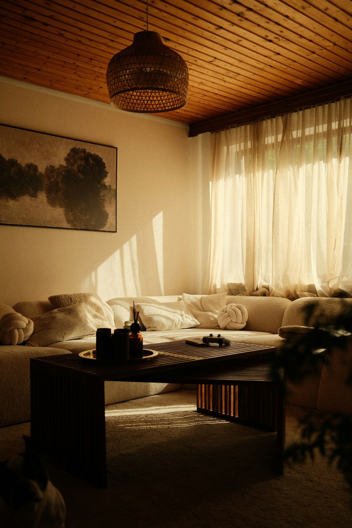 Warm, sunlit living room with cream sofa and natural timber ceiling